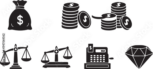 Money and finance vector icons set. isolated objects with flat design style. wealth, economy and business