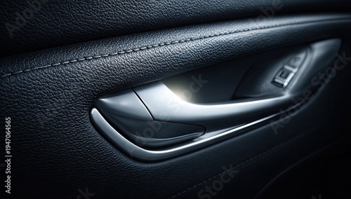 Close-up of a luxurious car door handle and interior panel.