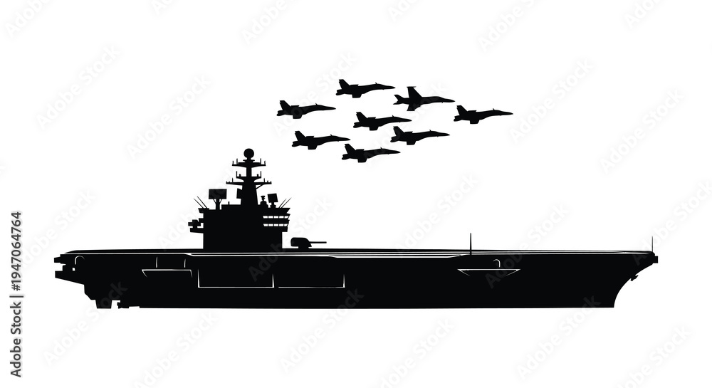 Φωτογραφία A stark black silhouette depicts a naval aircraft carrier with fighter jets flyi
