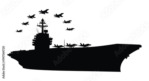 A striking black silhouette depicts a naval aircraft carrier with fighter jets in flight overhead silhouette high quality