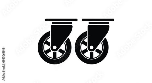 A pair of black casters are displayed against a white background showcasing industrial design silhouette high quality professional