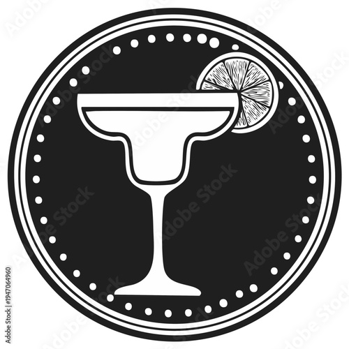 Classic Margarita Glass Icon with Lime Slice Emblem Black and White Circle Design