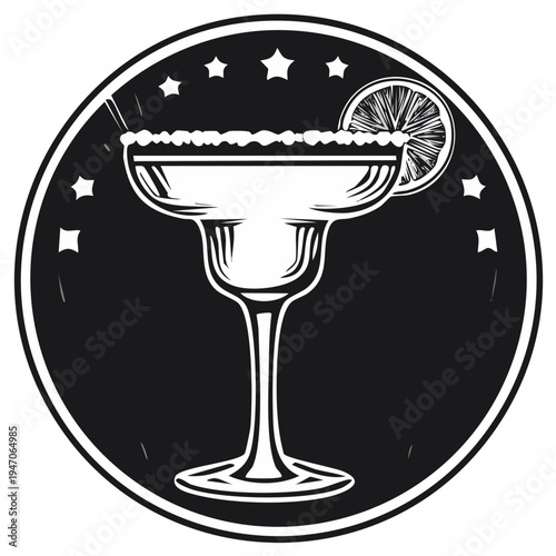 Retro Margarita Cocktail Illustration on Black Circle with Stars