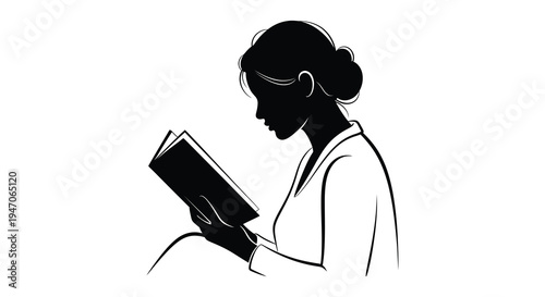 A graceful woman is captured in profile intently reading a book with elegant lines a striking silhouette