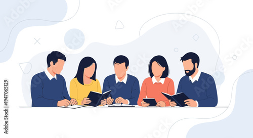Diverse team collaborating and studying together at a table, flat design illustration.