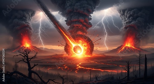 Volcanic Eruption Landscape with Lava and Lightning.