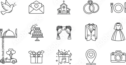 Wedding and Celebration Icon Set Featuring Rings, Cake, Church, Wedding Dress, Gifts, and Party Symbols for Event and Ceremony Designs