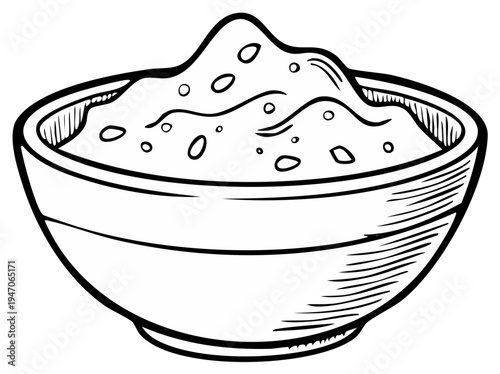 Hand-drawn illustration of a simple bowl overflowing with textured, lumpy food or powder