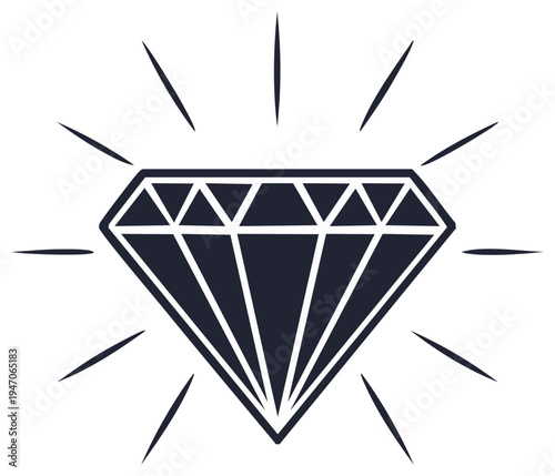 Sparkling dark gemstone with radiating light lines in graphic style