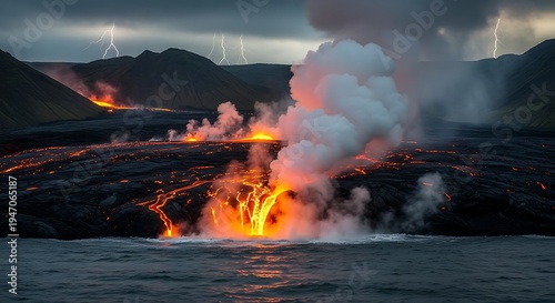 Volcanic Eruption Landscape with Lava and Smoke.