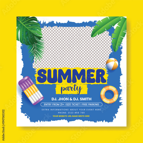 summer beach pool party social media post or web banner, editable social media posts, banner and ad template for summer sale discount offer for promotional summer advertising, tropical background.