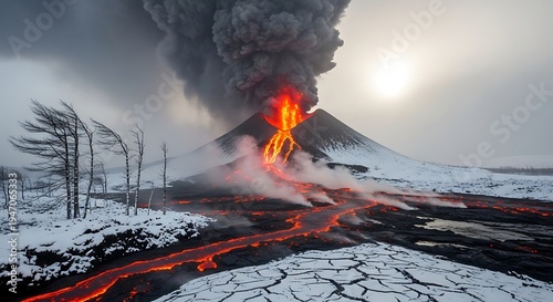 Volcanic Eruption Landscape with Lava Flow.