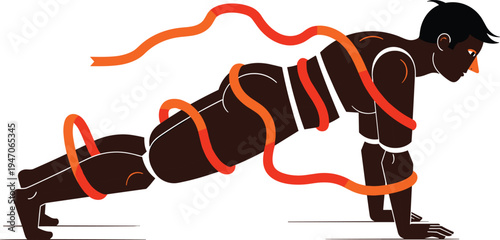 Fitness man doing plank exercise with orange ribbon, athletic silhouette workout, health and wellness concept, strength training, vector illustration, isolated on white.