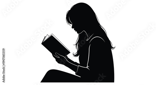 A young woman is deeply engrossed in reading a book depicted as a striking black silhouette high quality