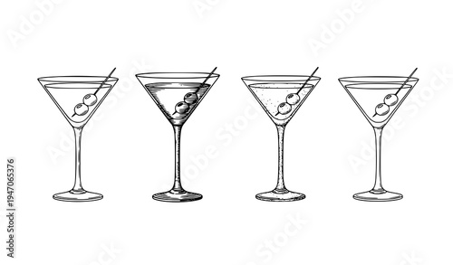 Four martini cocktail glasses in different black and white artistic styles vector illustration isolated on white background