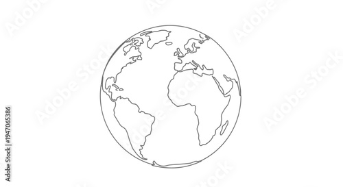 Outline of Earth globe on white background, simple line drawing, world map illustration