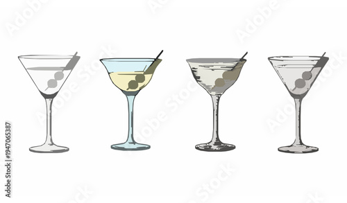 Four black and white martini cocktail glasses vector illustration different artistic styles isolated on white background