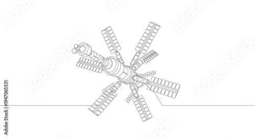 Futuristic Space Station Line Art Illustration - Orbiting Satellite Design