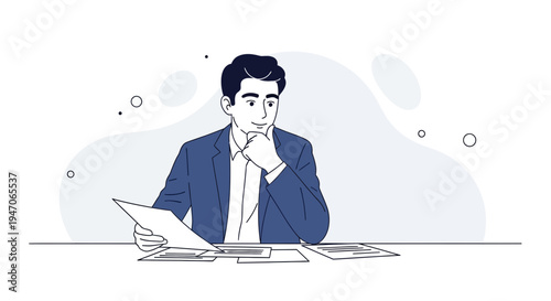 Thoughtful businessman in suit reviewing documents at desk, modern illustration