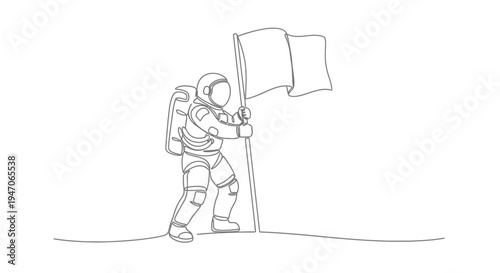 Astronaut planting flag on moon, single line drawing, space exploration concept