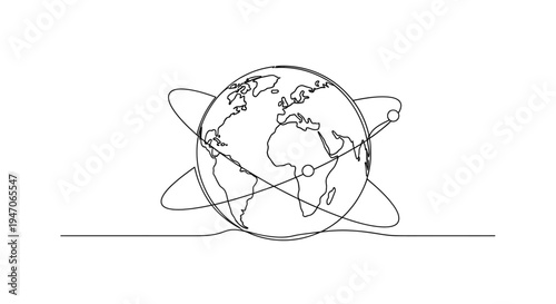 Continuous line drawing of planet earth with orbiting satellites and global network connections