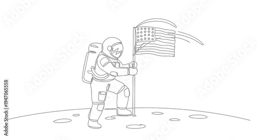 Astronaut planting US flag on moon surface, exploration and discovery concept, vector illustration