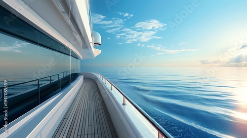 Sleek luxury yacht deck overlooking the calm blue ocean during sunrise. Serene sea, clear sky, and modern boat travel.