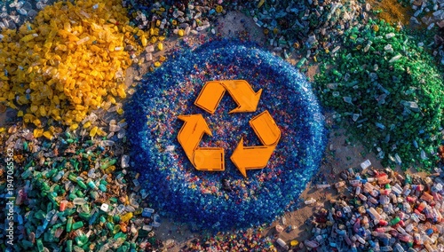 Recycling symbol surrounded by colorful plastic pellets, representing circular economy and sustainability.