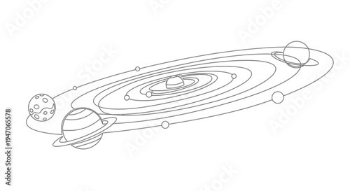 Stylized Solar System with Planets and Orbits - Outline Drawing