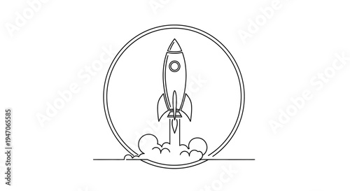 Rocket Launching into Space, Startup Concept, Minimalist Line Art