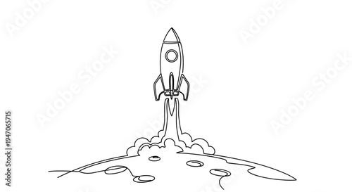 Continuous line drawing of a rocket launching with smoke and craters on the moon.