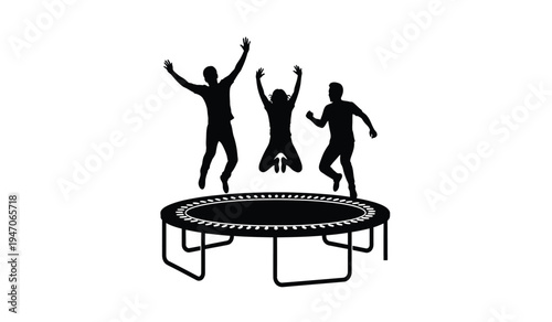Three energetic people jumping together on a circular outdoor trampoline with arms raised high up
