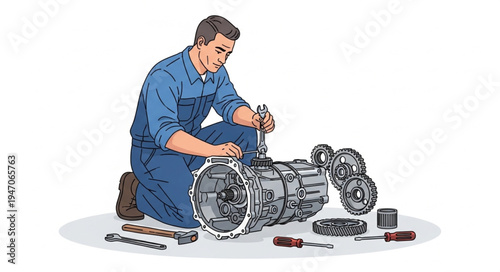 Mechanic repairing a transmission.