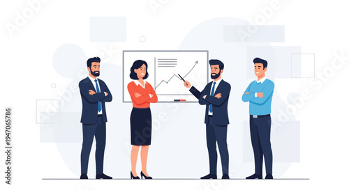 Business team presenting growth chart on whiteboard, teamwork and success concept