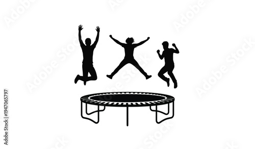 A black silhouette illustration showing three energetic people jumping on a round trampoline