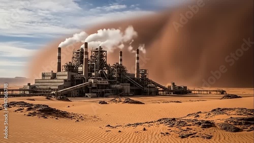 Industrial Plant Emitting Pollution in Desert Landscape.