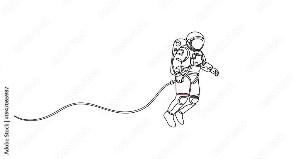Obraz premium Astronaut Floating with Tether Line, Minimalist Space Exploration Line Art