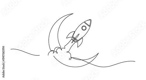 Continuous Line Drawing of Rocket Launching Past Crescent Moon