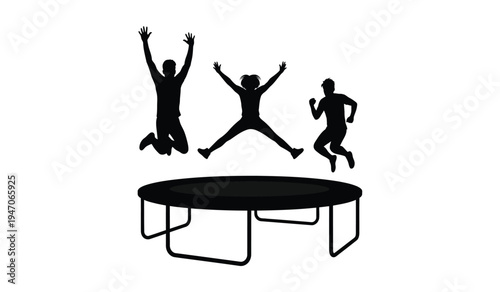 Silhouettes of three people jumping high in the air above a large circular backyard trampoline