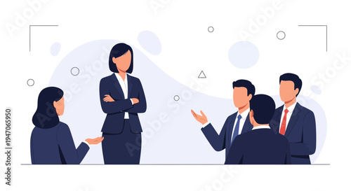 Business meeting with diverse team discussing strategy, female leader present
