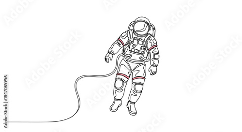 Astronaut Floating in Space with Tether Line - Single Line Drawing