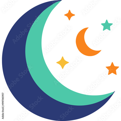 A crescent moon shines brightly with stars in the night sky.