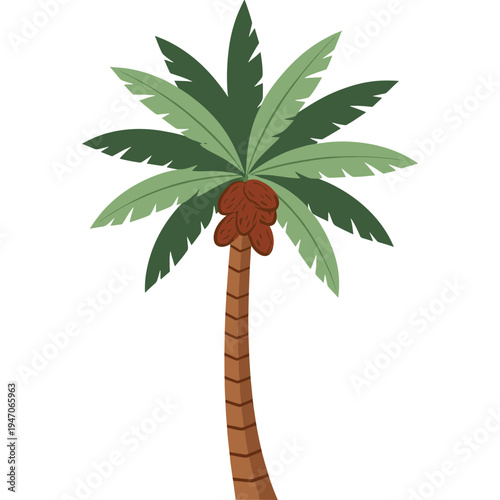 A serene coconut palm tree illustration standing alone in a tropical environment with lush green leaves and a brown trunk.
