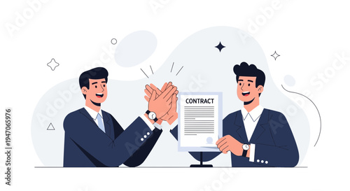 Businessmen High Five Over Signed Contract, Partnership Success, Agreement Deal