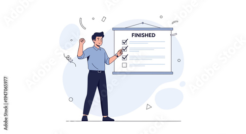 Man celebrating completion of tasks on a checklist board, project success concept