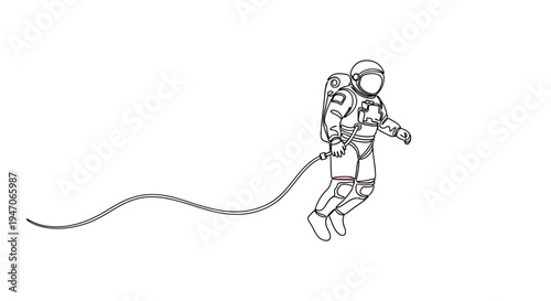 Astronaut Floating with Tether Line, Minimalist Space Exploration Line Art