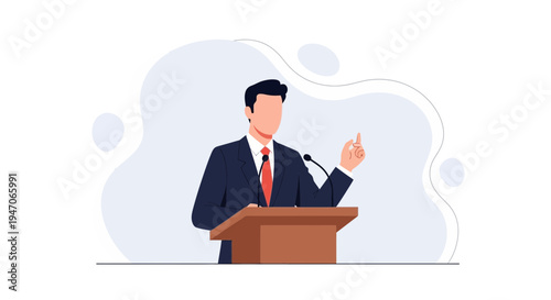 Man in Suit Speaking at Podium with Microphone, Pointing Finger