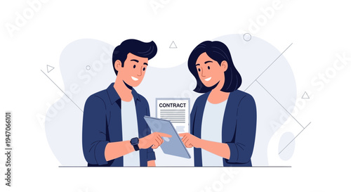 Business partners reviewing contract on tablet, modern flat illustration
