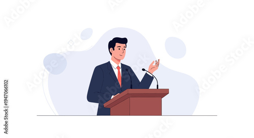 Man In Suit Speaking At Podium, Public Speaking, Presentation, Business Meeting