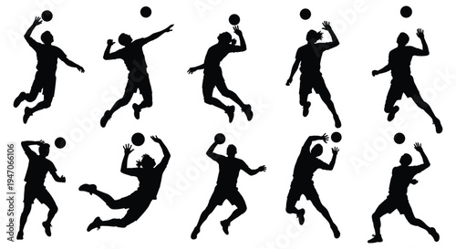 Collection of black silhouette illustrations of people playing volleyball in various poses